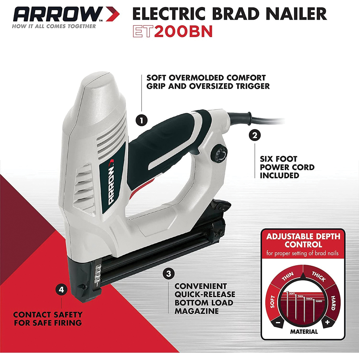 Arrow ET200BN Electric Nailer, 5/8, 3/4, 1, 1-1/4 in W Crown, Heavy-Duty Staple - 4
