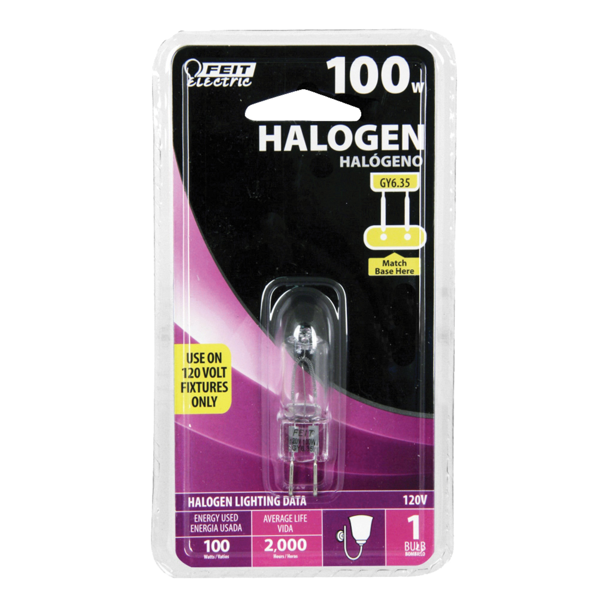 Feit Electric BPQ100T4/JCD/RP Halogen Bulb, 100 W, GY6.35 Lamp Base, T4 Lamp, 1600 Lumens, 3000 K Color Temp - 2