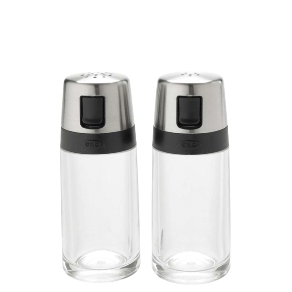 Oxo 1234780 Salt/Pepper Shaker Set, 2 oz Capacity, Plastic/Stainless Steel, Clear - 1