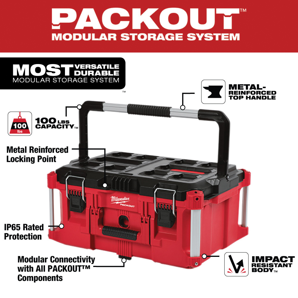 Milwaukee PACKOUT 48-22-8425 Tool Box, 100 lb, Polymer, Red, 22.1 in L x 16.1 in W x 11.3 in H Outside - 2