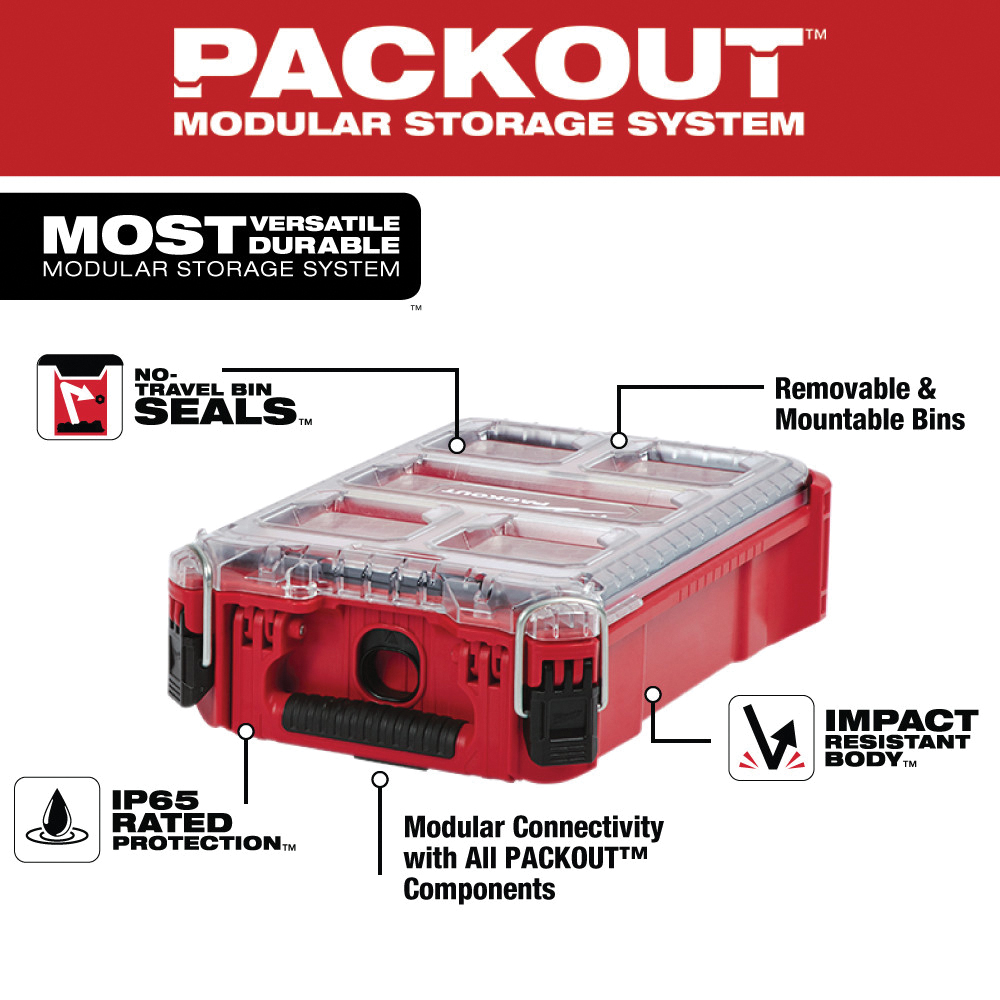Milwaukee PACKOUT 48-22-8435 Organizer, 75 lb, 9.8 in L, 15.2 in W, 4.6 in H, 5-Compartment, Plastic, Red - 2