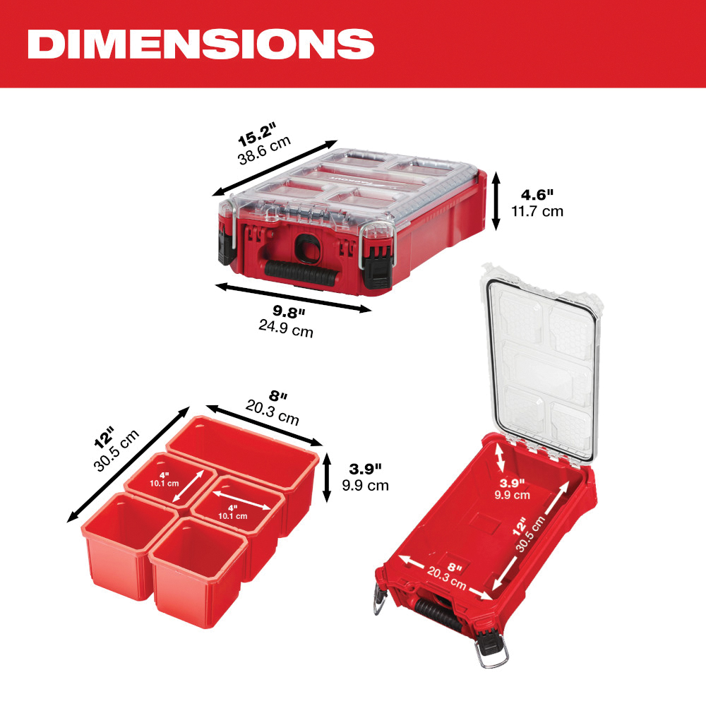 Milwaukee PACKOUT 48-22-8435 Organizer, 75 lb, 9.8 in L, 15.2 in W, 4.6 in H, 5-Compartment, Plastic, Red - 3