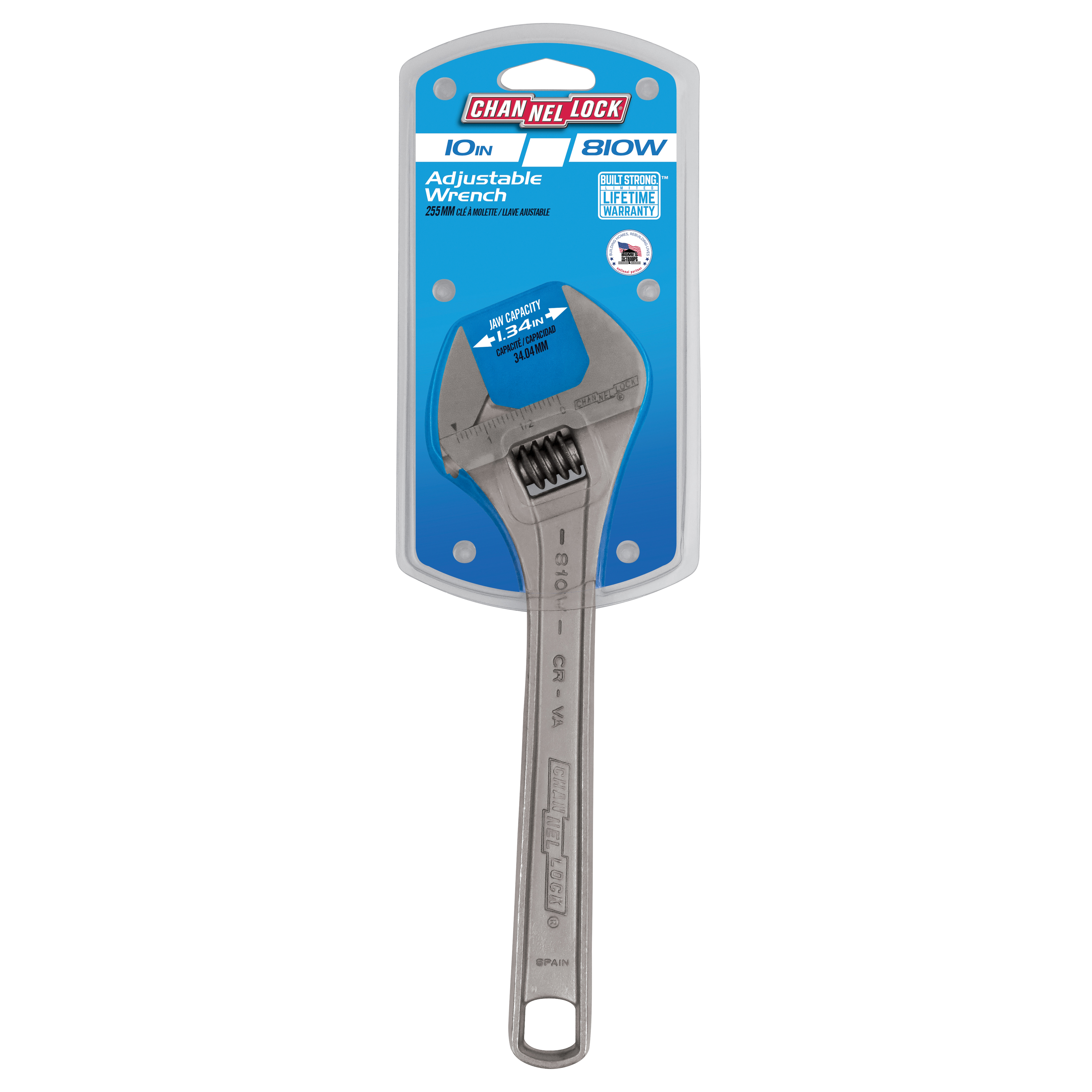 Channellock WIDEAZZ Series 810W Adjustable Wrench, 10 in OAL, 1.34 in Jaw, Steel, Chrome-Plated, Plain Grip Handle - 3