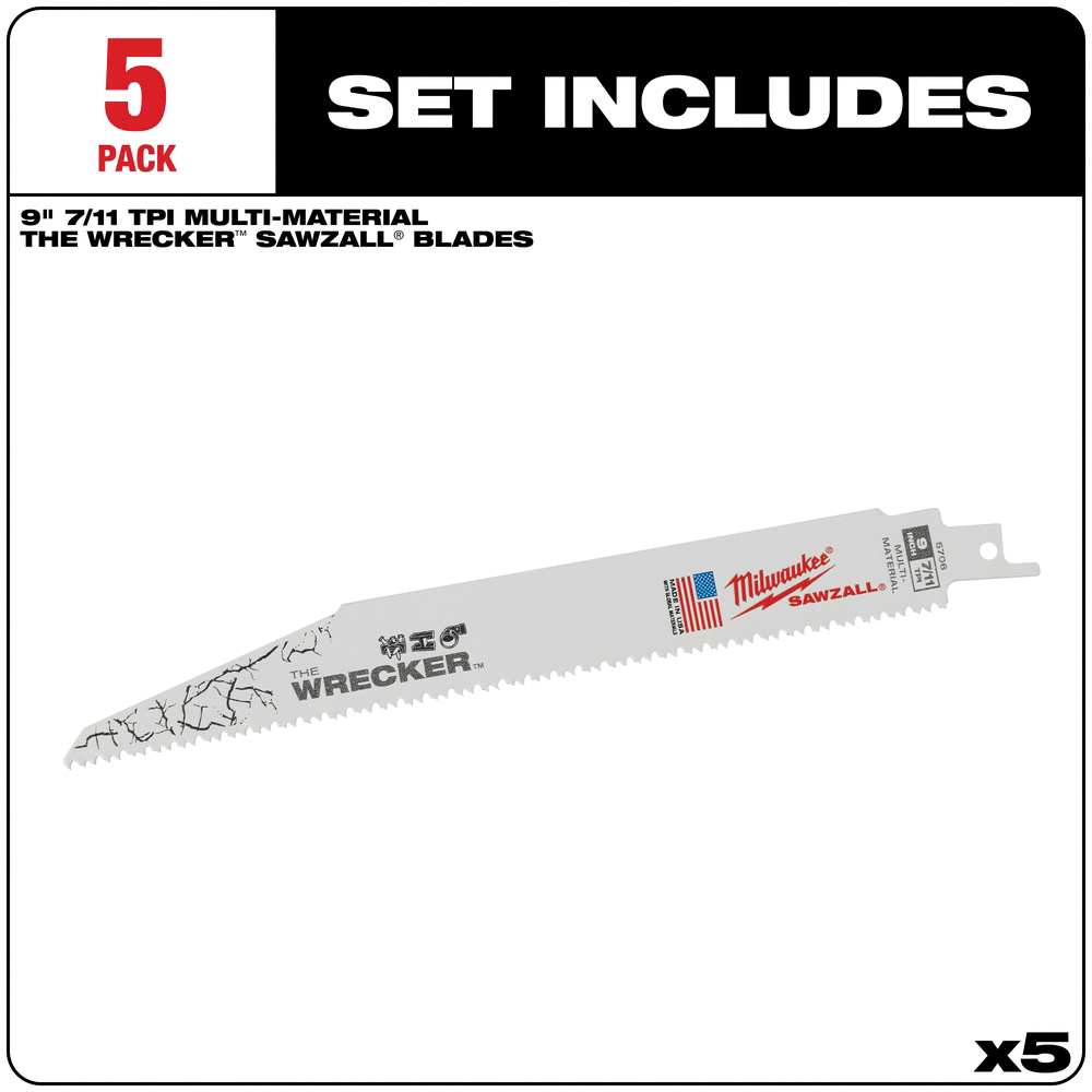 Milwaukee The WRECKER 48-00-5706 Reciprocating Saw Blade, 1 in W, 9 in L, 7/11 TPI, Bi-Metal Cutting Edge - 2
