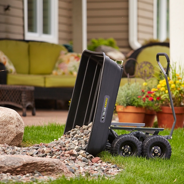Gorilla Carts GOR4PS Dump Cart, 600 lb, 36 in L x 20 in W Deck, Poly Deck, 4-Wheel, 10 in Wheel, Pneumatic Wheel, Black - 3