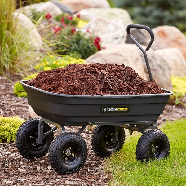 Gorilla Carts GOR4PS Dump Cart, 600 lb, 36 in L x 20 in W Deck, Poly Deck, 4-Wheel, 10 in Wheel, Pneumatic Wheel, Black - 4