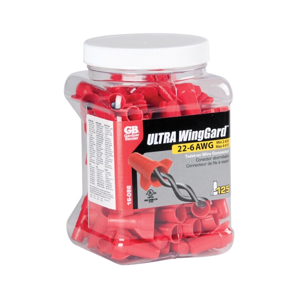 Gardner Bender WingGard 86 16-086 Wire Connector, 22 to 6 AWG Wire, Steel Contact, Red, 125/JAR - 4