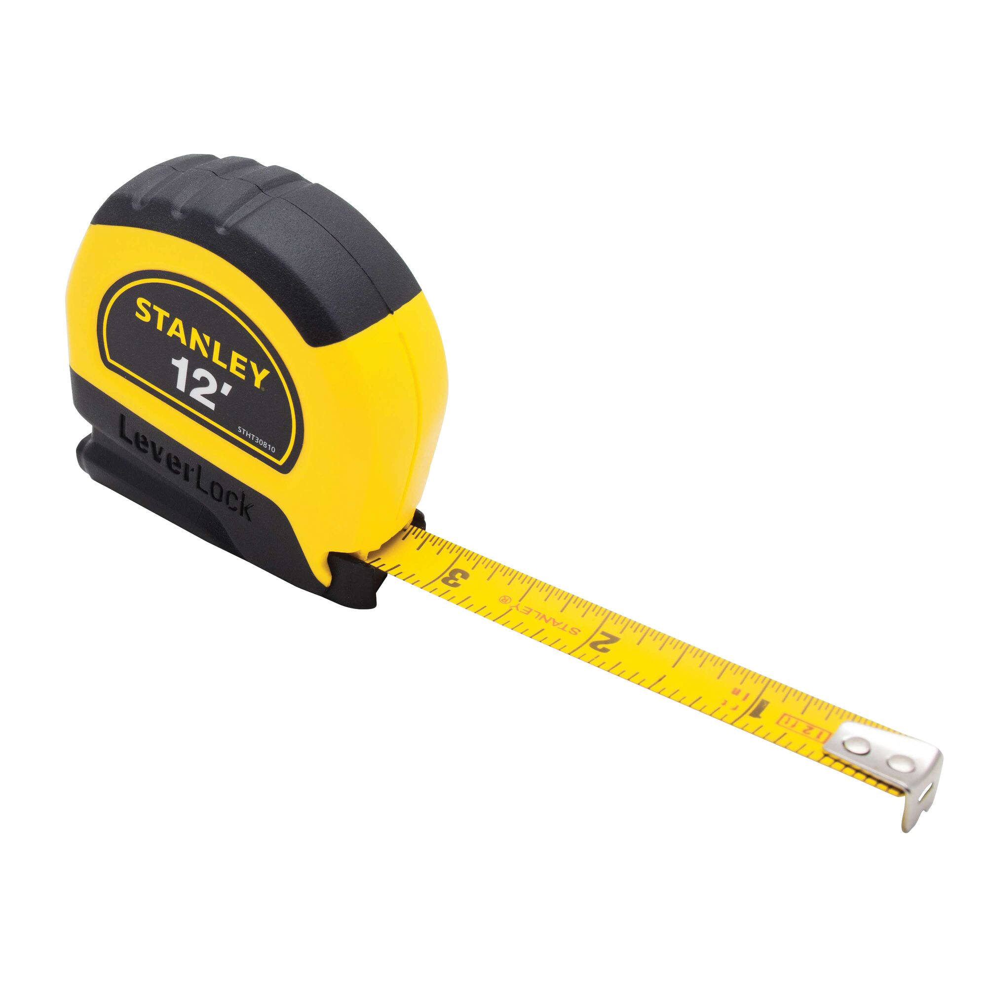 STANLEY LEVERLOCK Series STHT30810 Tape Measure, 12 ft L Blade, 1/2 in W Blade, Steel Blade, ABS Case, Black/Yellow Case - 3