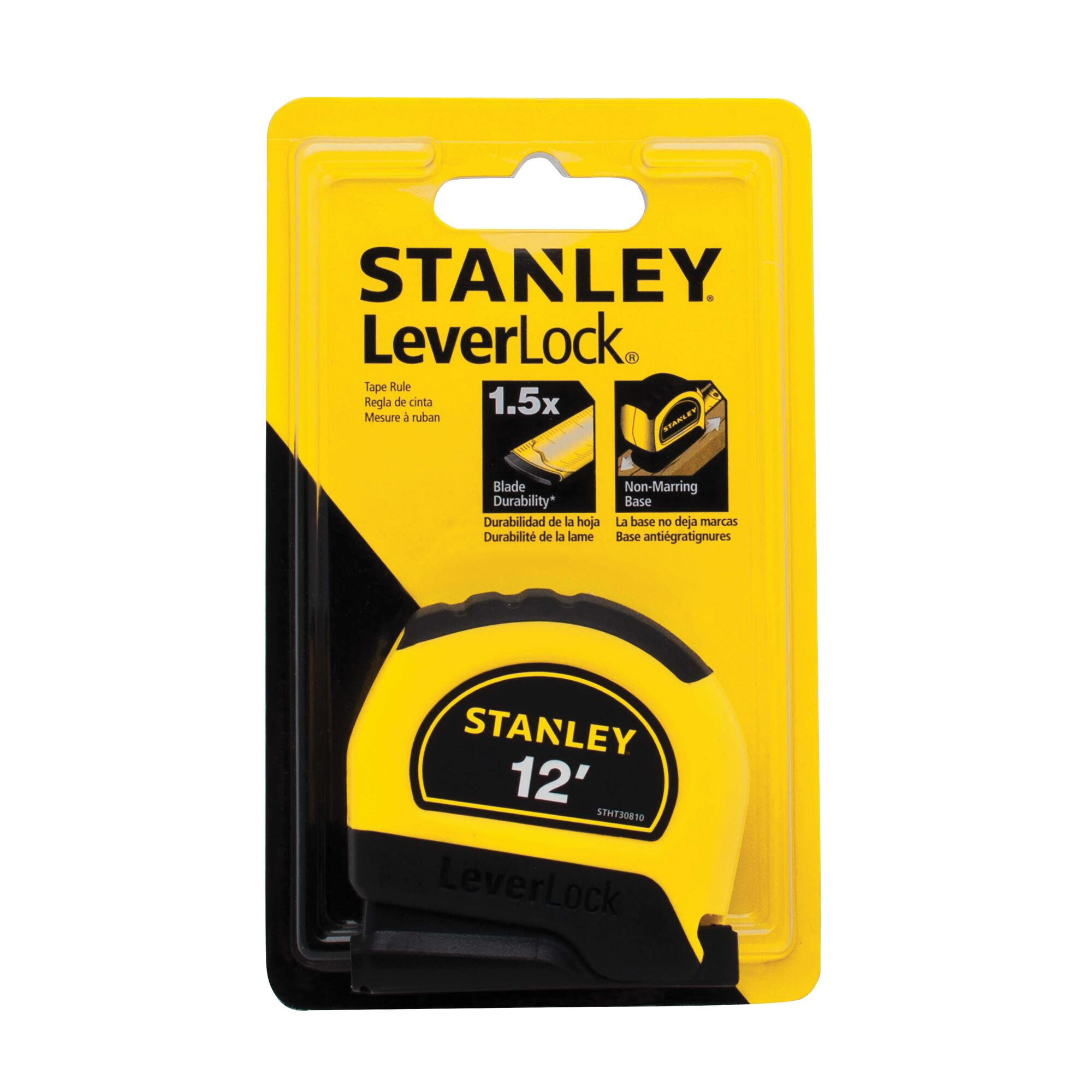 STANLEY LEVERLOCK Series STHT30810 Tape Measure, 12 ft L Blade, 1/2 in W Blade, Steel Blade, ABS Case, Black/Yellow Case - 4