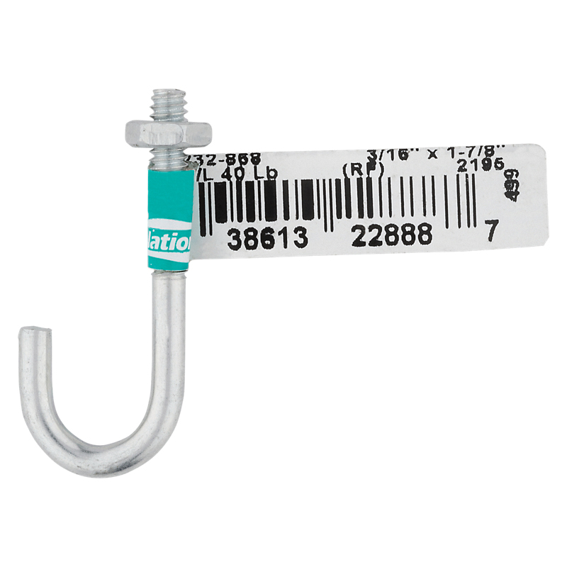 National Hardware 2195BC Series N232-868 J-Bolt, 3/16 in Thread, 0.96 in L Thread, 1-7/8 in L, 40 lb Working Load, Steel - 2