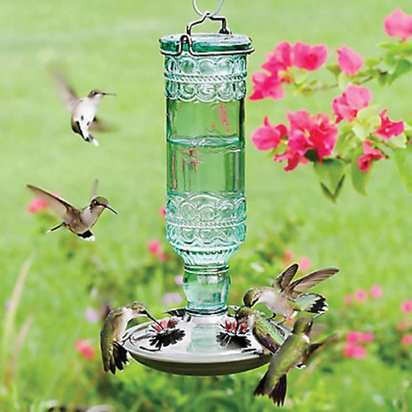 Perky-Pet 8108-2 Bird Feeder, Antique Bottle, 10 oz, 4-Port/Perch, Glass/Metal, Green, 10 in H - 2