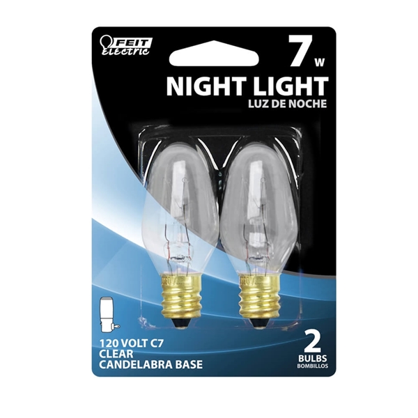 Feit Electric BP7C7/4 Incandescent Bulb, 7 W, C7 Lamp, E12 Candelabra Lamp Base, 2700 K Color Temp, 3000 hr Average Life - 2