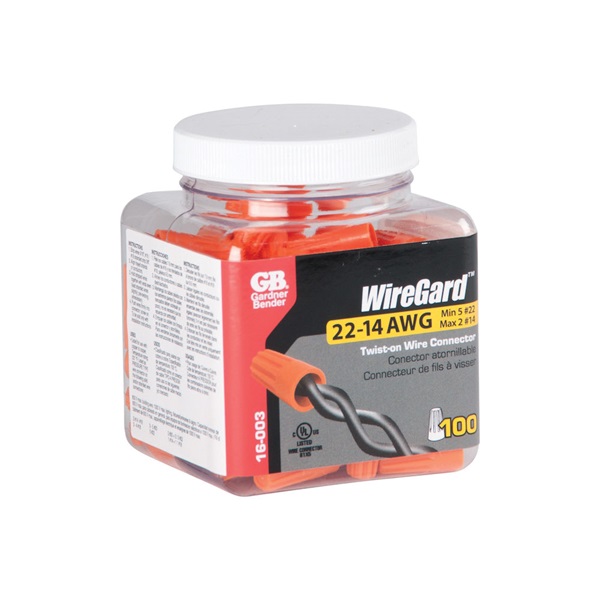 Gardner Bender WireGard GB-3 Series 16-003 Wire Connector, Orange, 22 to 14 AWG Wire, Steel Contact, 100/JAR - 3