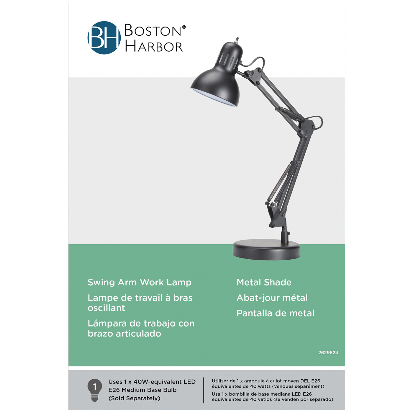 Boston Harbor TL-WK-134E-BK-3L Swing Arm Work Lamp, 120 V, 60 W, 1-Lamp, CFL Lamp, Black - 2