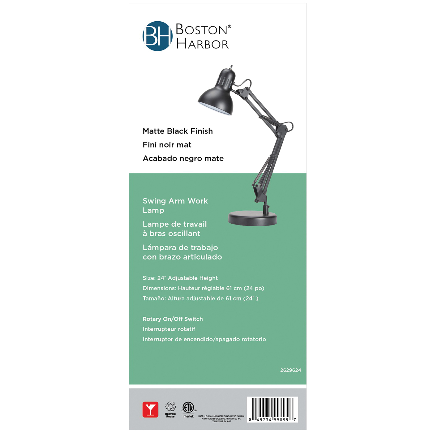 Boston Harbor TL-WK-134E-BK-3L Swing Arm Work Lamp, 120 V, 60 W, 1-Lamp, CFL Lamp, Black - 3
