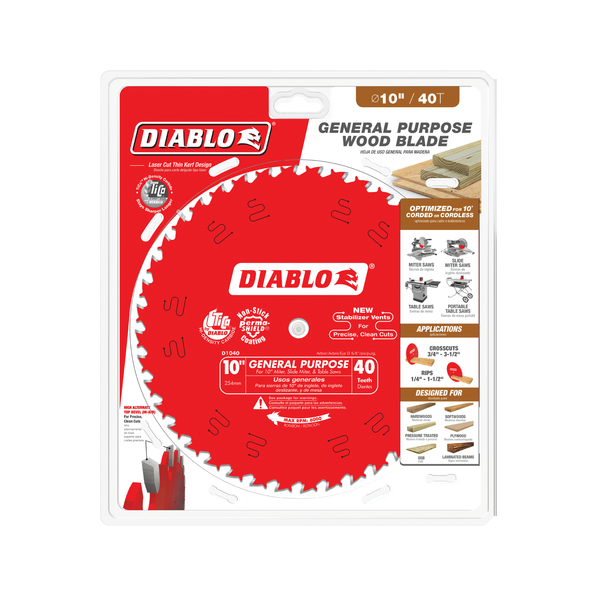 Diablo D1040X Circular Saw Blade, 10 in Dia, 5/8 in Arbor, 40-Teeth, Carbide Cutting Edge, Super Thin Kerf Teeth - 2