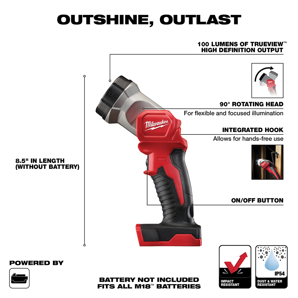 Milwaukee 2735-20 Work Light, 18 V, LED Lamp, 100 Lumens - 1