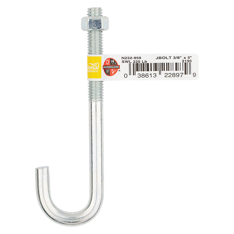 National Hardware 2195BC Series N232-959 J-Bolt, 3/8 in Thread, 2-1/4 in L Thread, 5 in L, 225 lb Working Load, Steel - 2