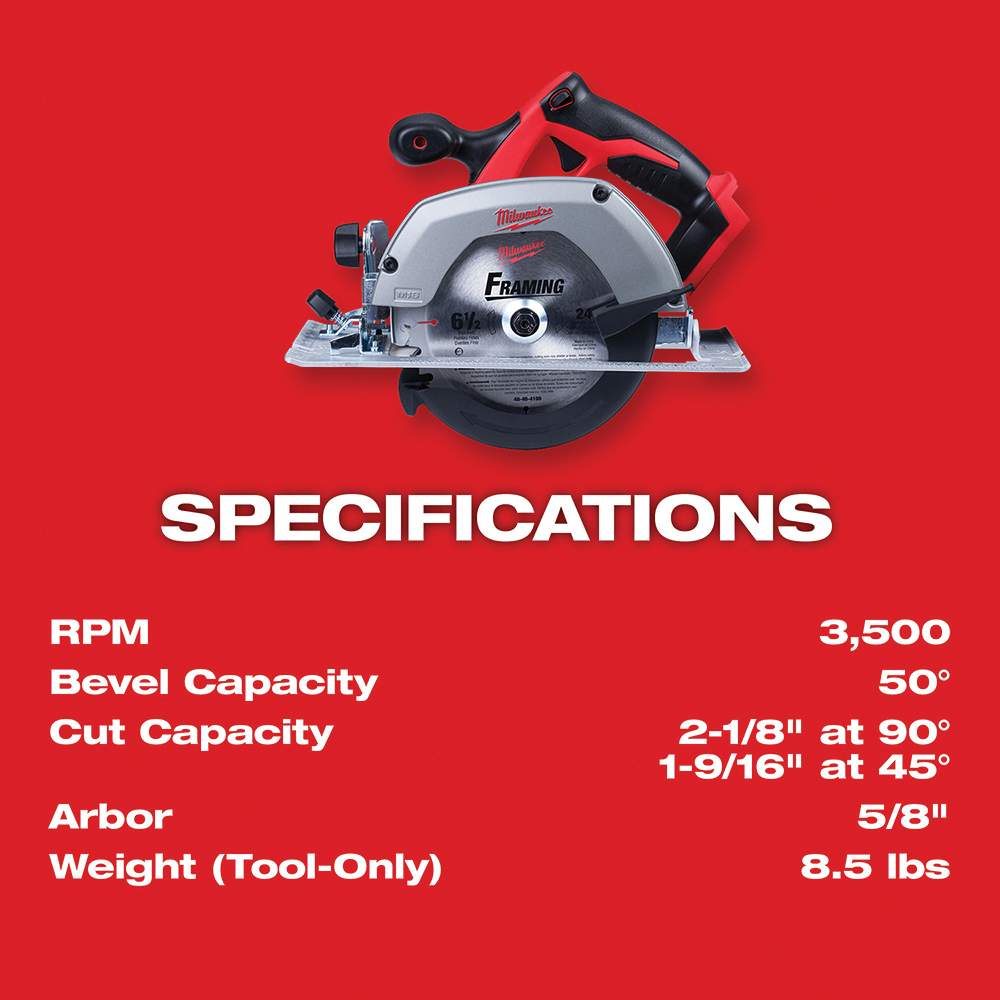 Milwaukee M18 2630-20 Circular Saw, Tool Only, 18 V, 2.8 Ah, 6-1/2 in Dia Blade, 50 deg Bevel - 4
