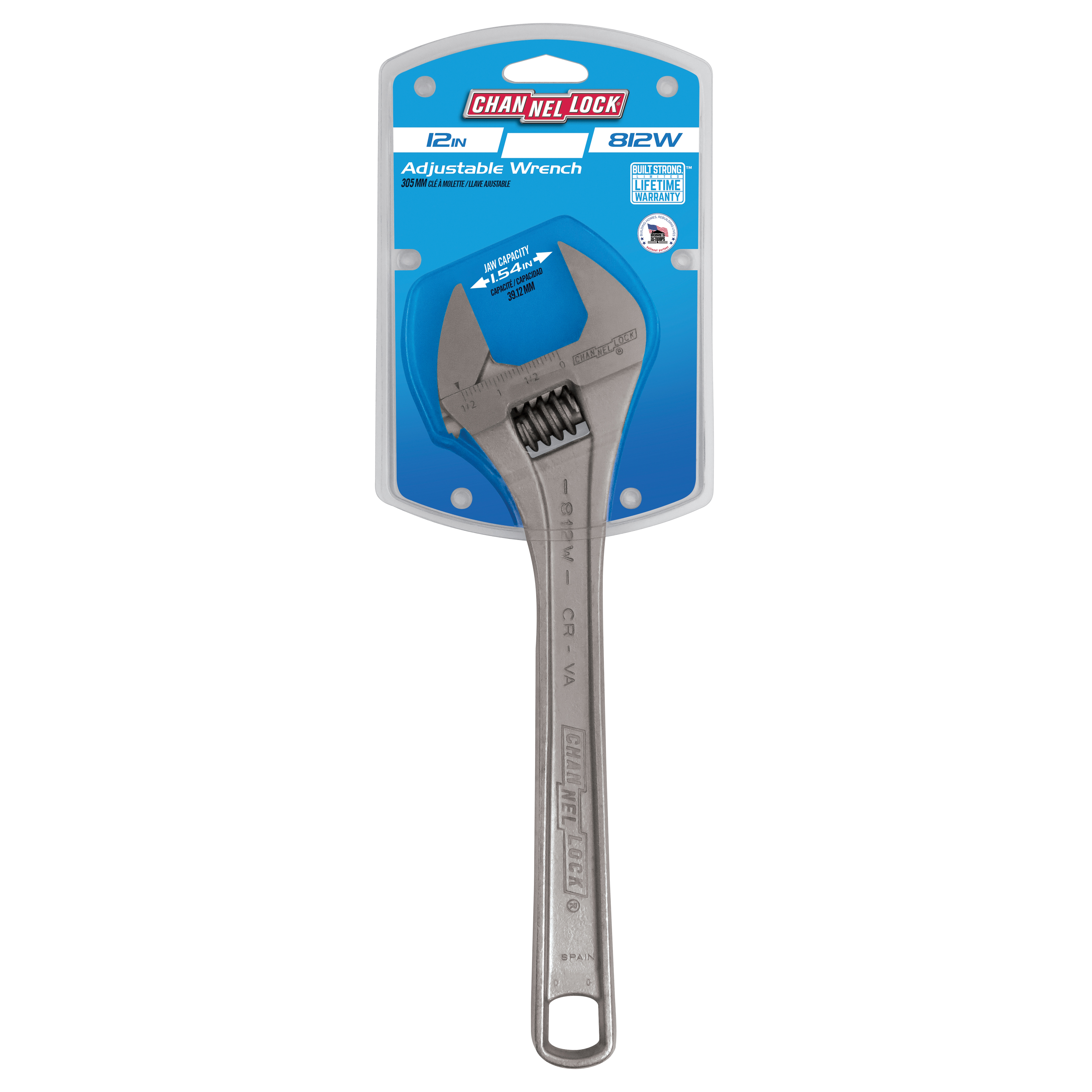 Channellock WIDEAZZ Series 812W Adjustable Wrench, 12 in OAL, 1.54 in Jaw, Steel, Chrome-Plated, Plain Grip Handle - 2