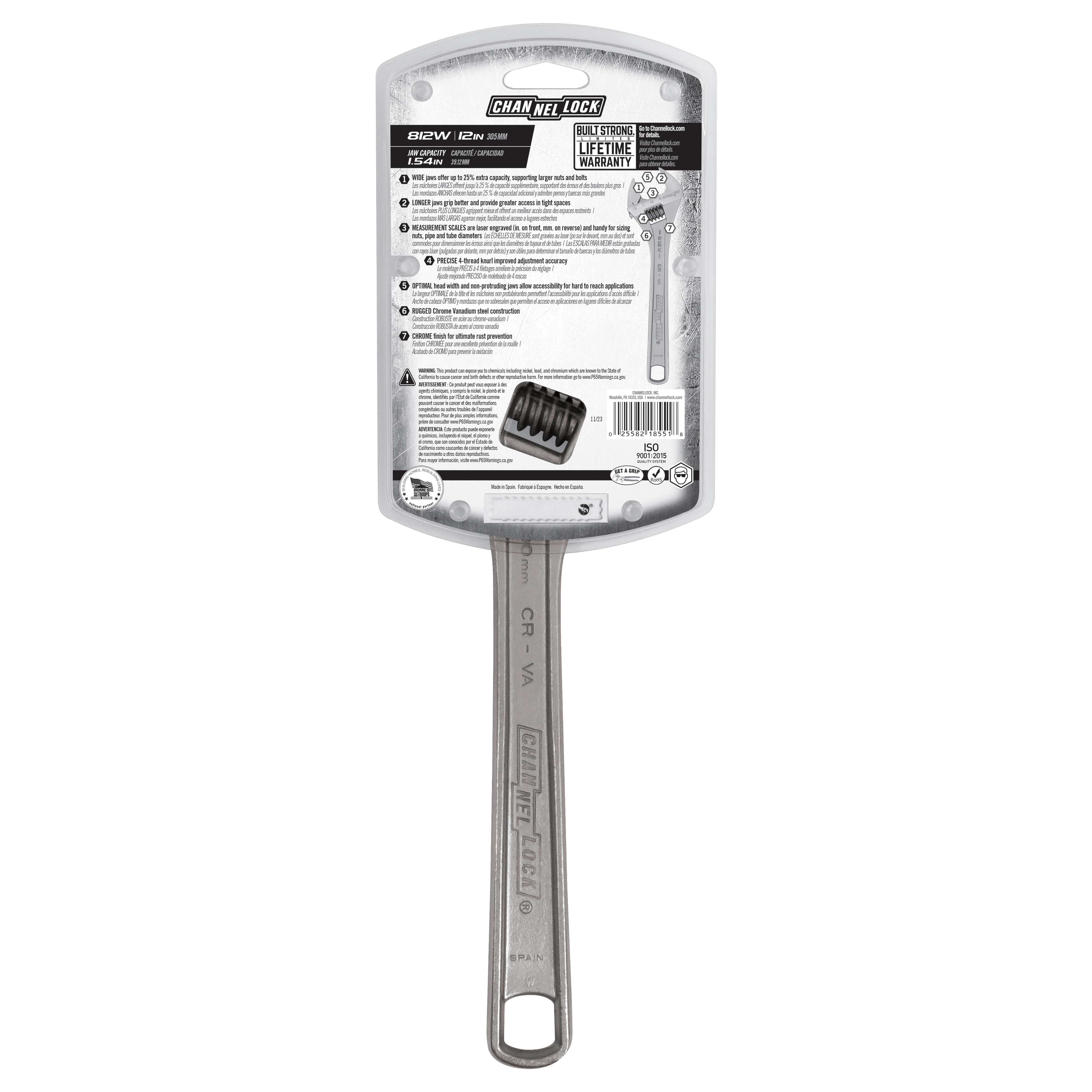 Channellock WIDEAZZ Series 812W Adjustable Wrench, 12 in OAL, 1.54 in Jaw, Steel, Chrome-Plated, Plain Grip Handle - 3