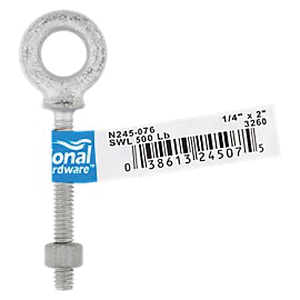 National Hardware N245-076 Eye Bolt, 1/4-20 Thread, Coarse Thread, 1-7/8 in L Thread, 1/2 in ID x 7/8 in OD Dia Eye - 2
