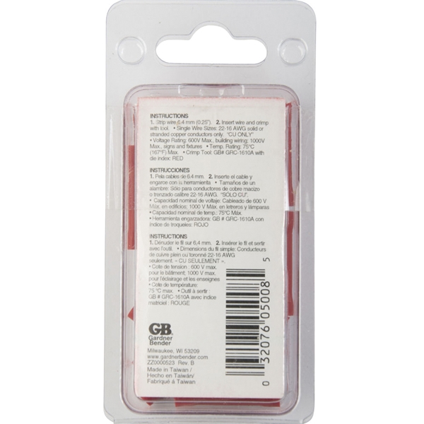 Gardner Bender 20-121 Insulated Butt Splice Connector, 600 V, 22 to 18 AWG Wire, Red - 3