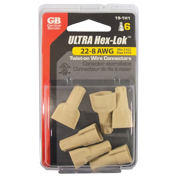 Gardner Bender Hex-Lok 19-1H1 Wire Connector, Tan, 22 to 8 AWG Wire, Copper Contact, Thermoplastic - 3
