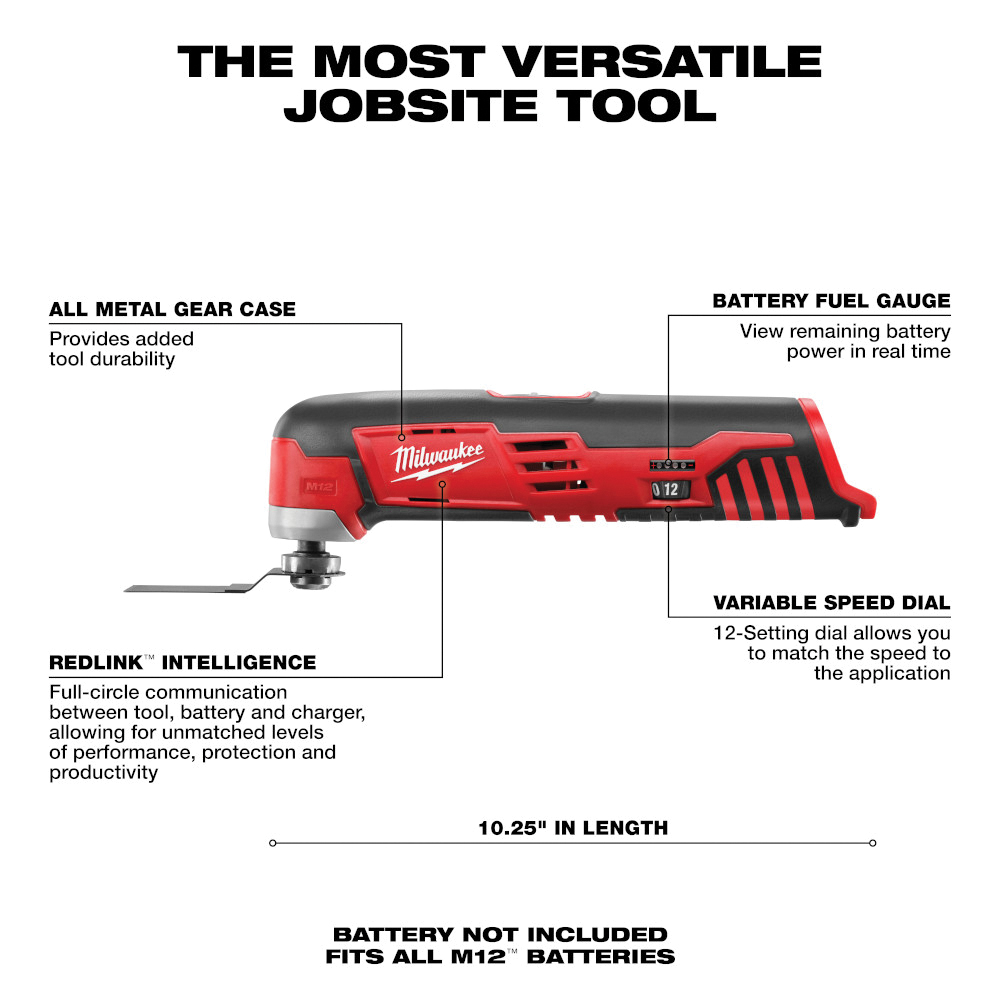 Milwaukee M12 2426-20 Multi-Tool, Tool Only, 12 V, 1.4 Ah, 5000 to 20,000 opm, Variable-Speed Trigger Control - 3