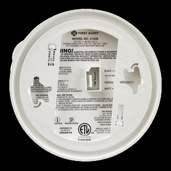 First Alert 3120B Smoke Alarm, 120 V, Ionization, Photoelectric Sensor, 85 dB, White - 3