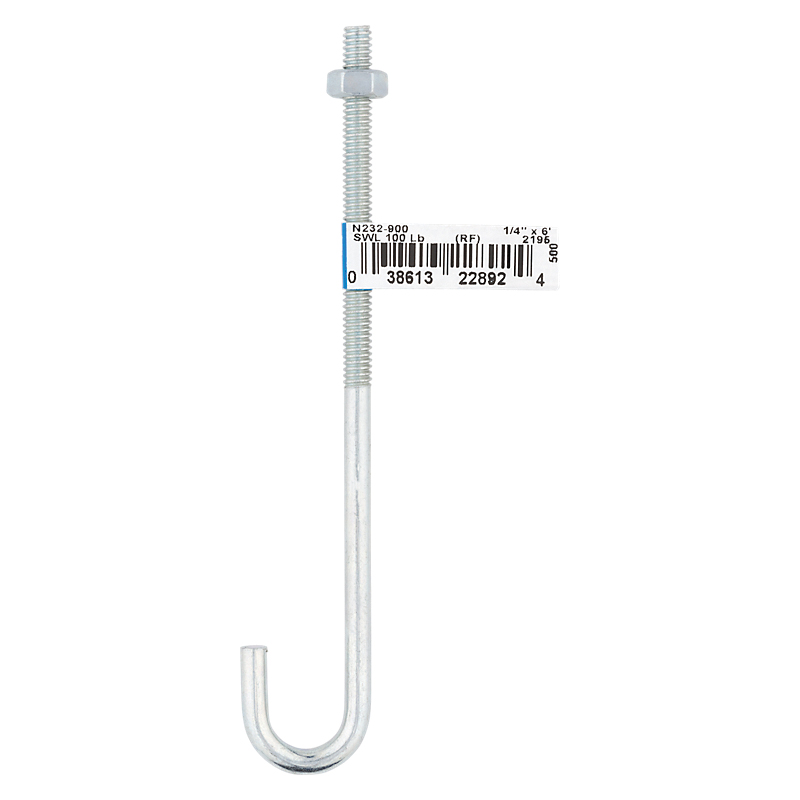 National Hardware 2195BC Series N232-900 J-Bolt, 1/4 in Thread, 3 in L Thread, 6 in L, 100 lb Working Load, Steel, Zinc - 2