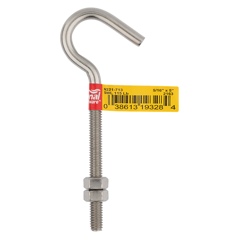 National Hardware 2163BC Series N221-713 Hook Bolt, 5/16-18 Thread, 3-1/4 in L Thread, 5 in L, Steel, Zinc-Plated - 2