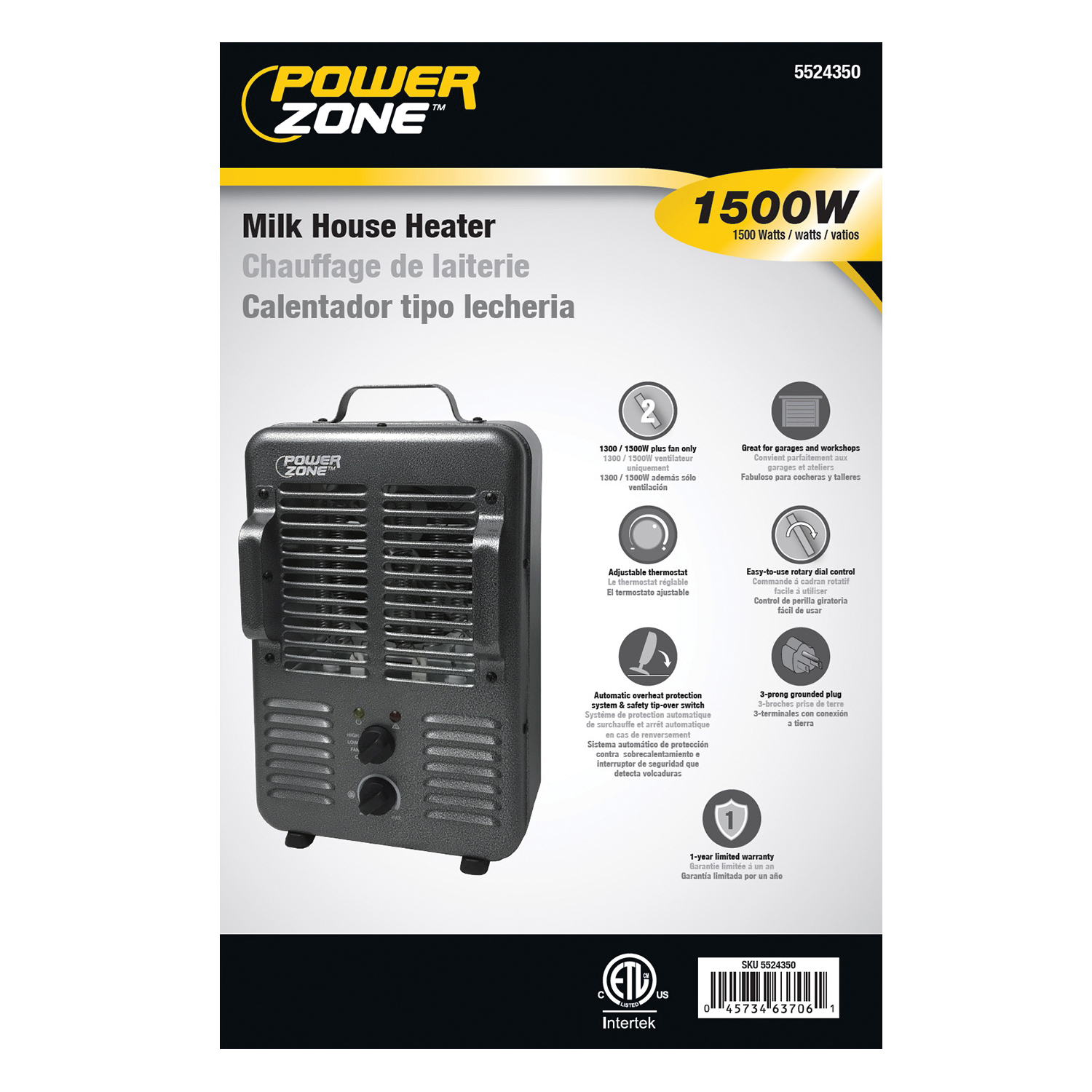 PowerZone BNS-15U3 Deluxe Portable Utility Heater, 12.5 A, 120 V, 1300, 1500 W, 2-Heating Stage, Gray - 2