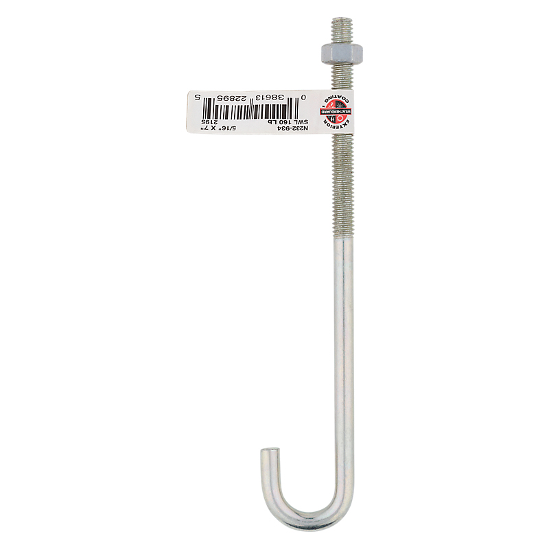National Hardware 2195BC Series N232-934 J-Bolt, 5/16 in Thread, 3 in L Thread, 7 in L, 160 lb Working Load, Steel, Zinc - 2