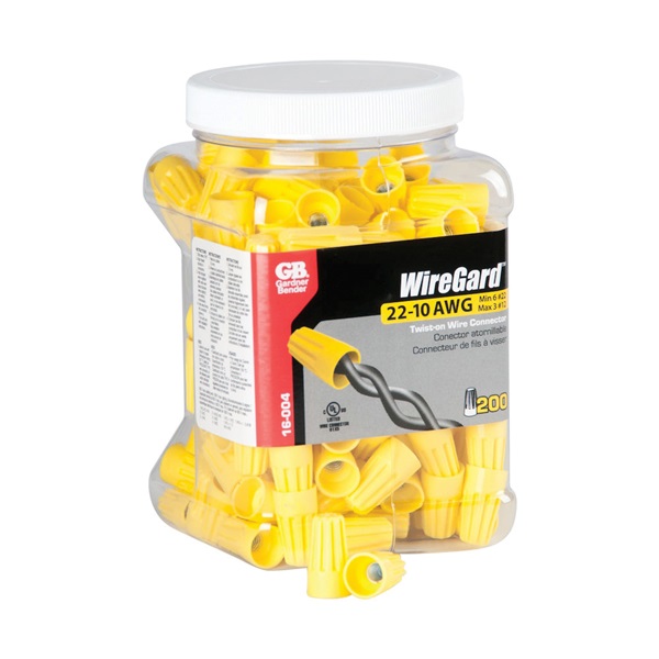 Gardner Bender WireGard GB-4 Series 16-004 Wire Connector, Yellow, 18 to 10 AWG Wire, Steel Contact, 200/JAR - 4