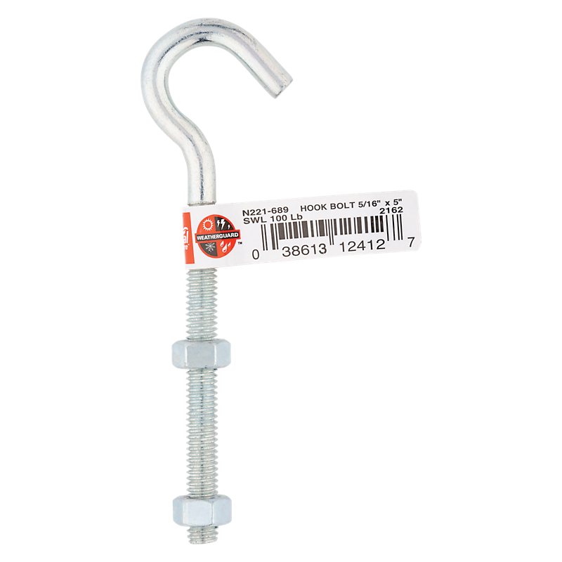 National Hardware 2162BC Series N221-689 Hook Bolt, 5/16-18 Thread, 3-1/4 in L Thread, 5 in L, Steel, Zinc-Plated - 2