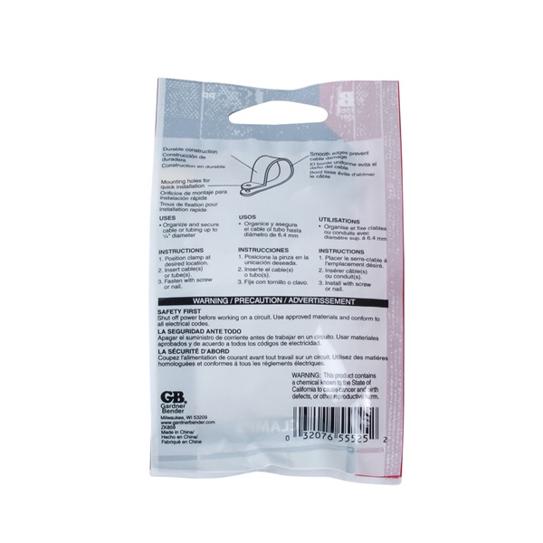 Gardner Bender PPC-1525 Cable Clamp, 1/4 in Max Bundle Dia, Plastic, White - 5