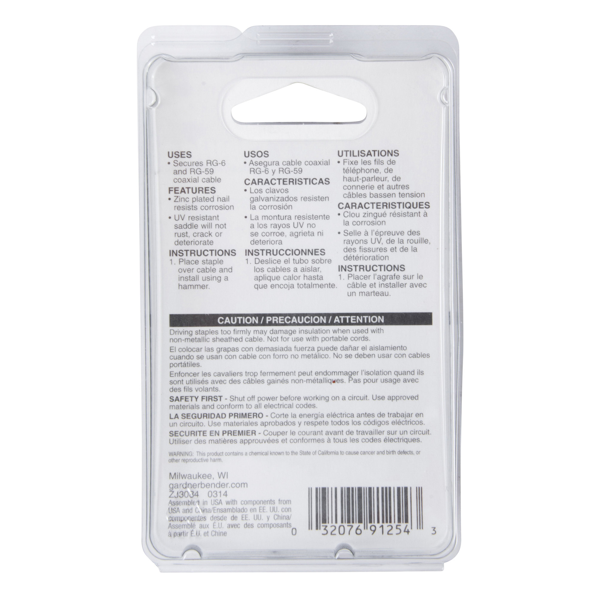 Gardner Bender PSB-1650T Cable Staple, 1/4 in W Crown, Polyethylene - 3