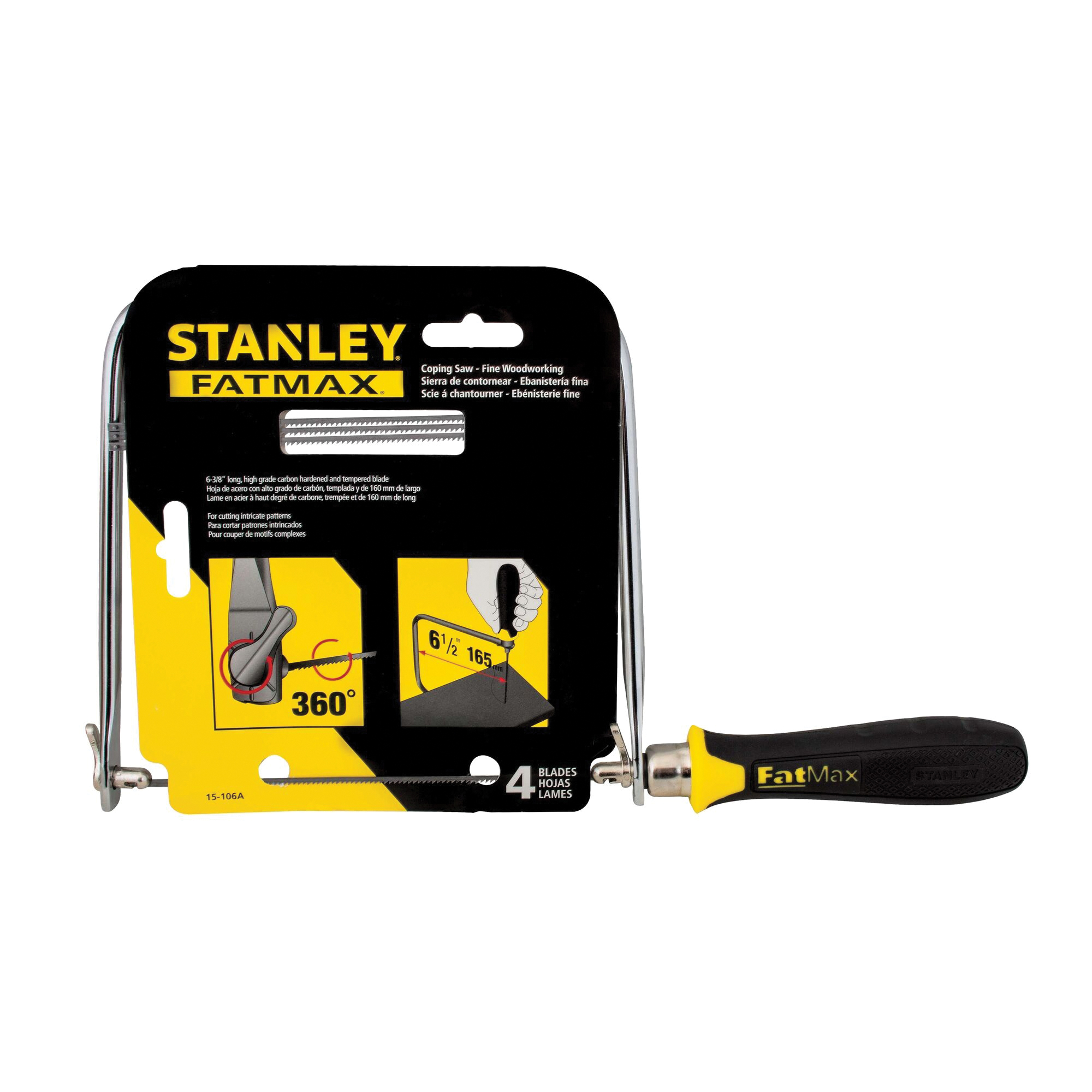 STANLEY 15-106A Coping Saw, 6-3/8 in L Blade, 15 TPI, HCS Blade, Cushion Grip Handle, Plastic/Rubber Handle - 3