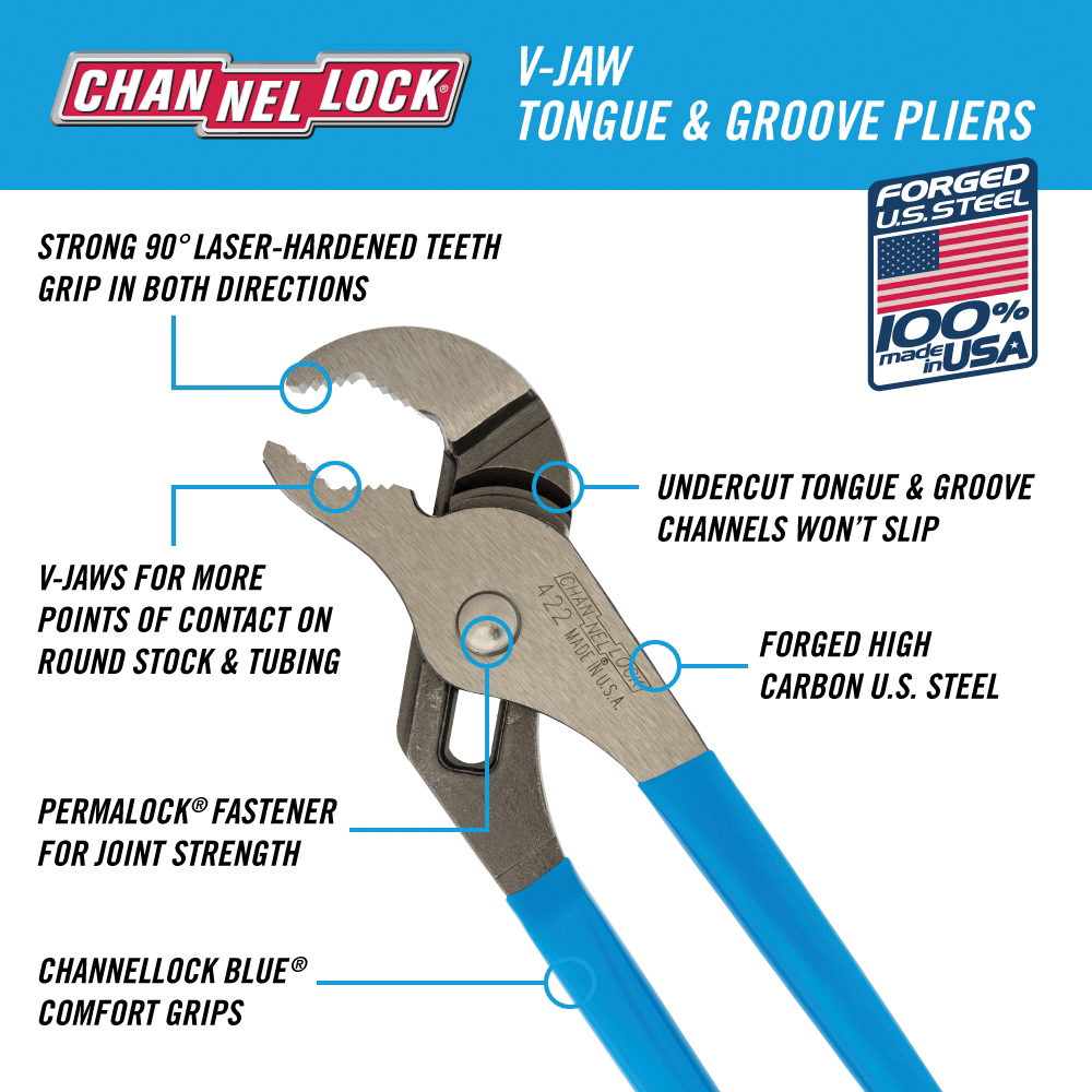 Channellock 422 Tongue and Groove Pliers, 9-1/2 in OAL, 1-1/2 in Jaw Opening, Blue Handle, Cushion Grip Handle - 2