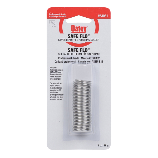 Oatey Safe-Flo 53061 Plumbing Wire Solder, 1 oz Carded, Solid, Gray/Silver, 415 to 455 deg F Melting Point - 2