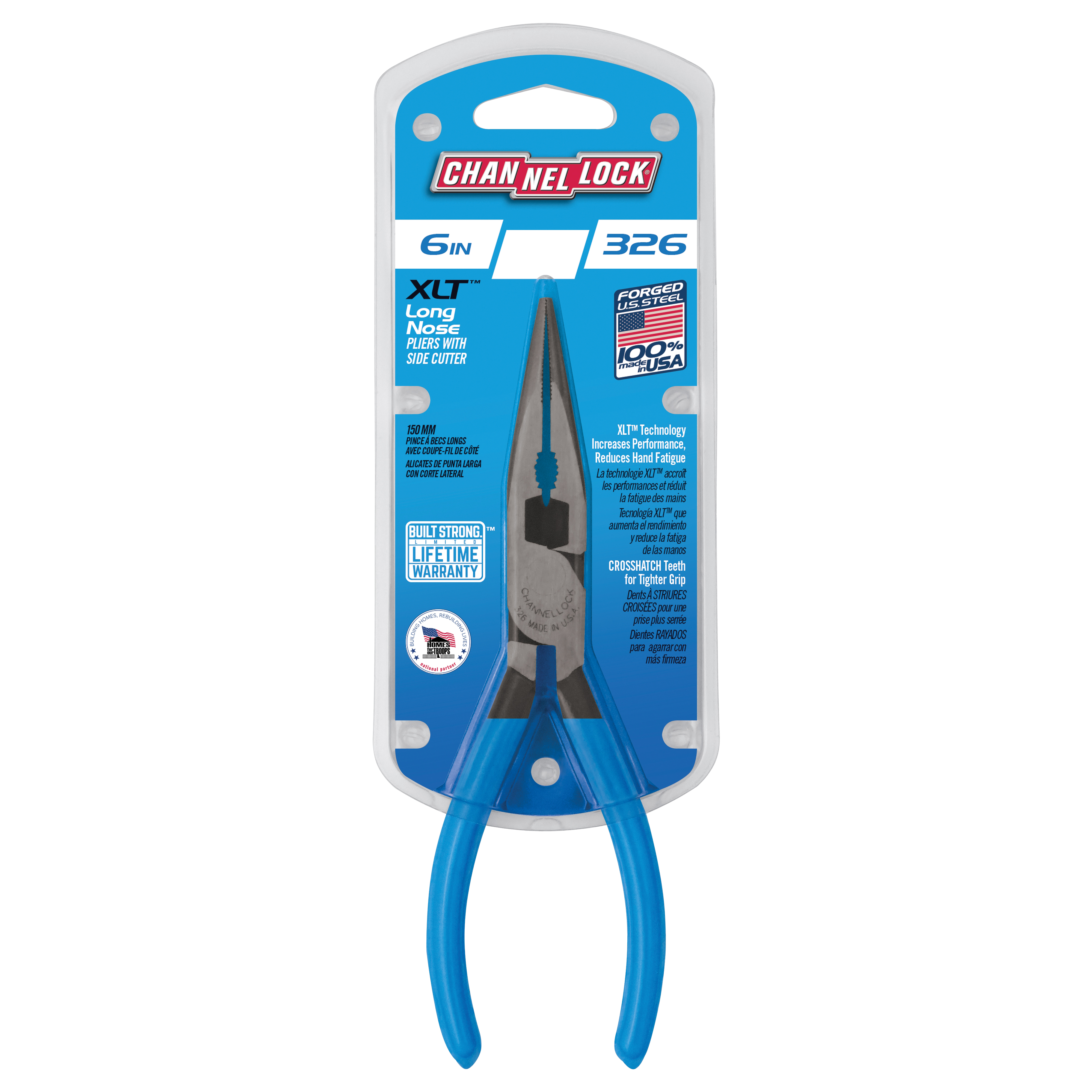 Channellock 326 Nose Pliers, 6.1 in OAL, 1-5/32 in Jaw Opening, Blue Handle, Ergonomic Handle, 3/4 in W Jaw - 2
