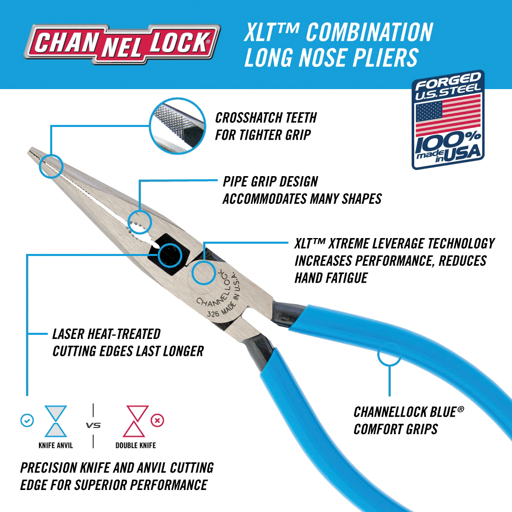 Channellock 326 Nose Pliers, 6.1 in OAL, 1-5/32 in Jaw Opening, Blue Handle, Ergonomic Handle, 3/4 in W Jaw - 4
