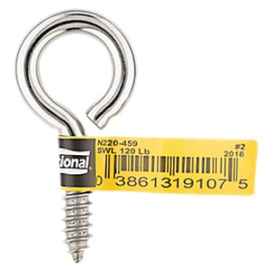 National Hardware 2016BC Series N220-459 Screw Eye, #2, 0.26 in Dia Wire, 1.12 in L Thread, 2.62 in OAL, Stainless Steel - 2