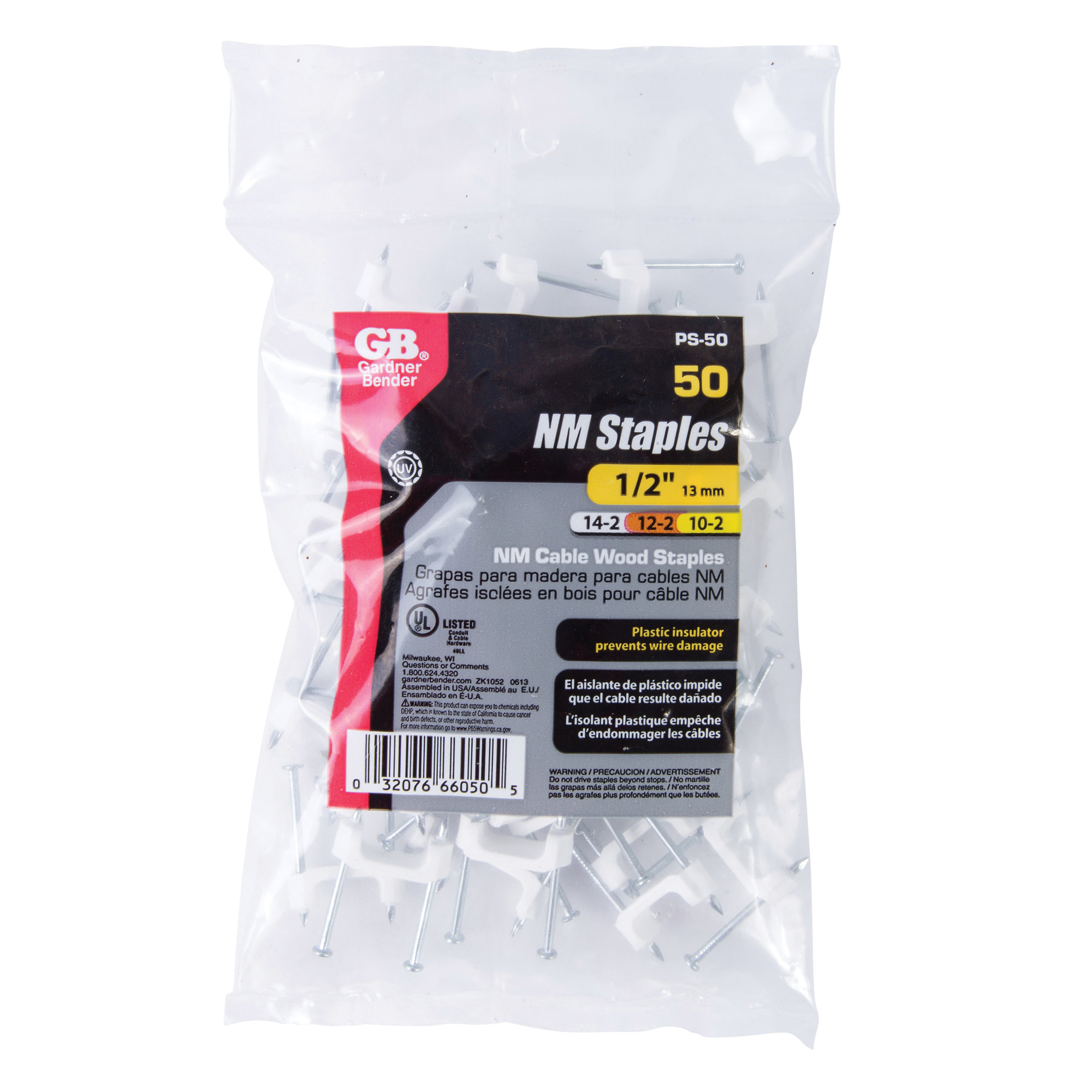 Gardner Bender PS-50 Cable Staple, 1/2 in W Crown, 1-1/4 in L Leg, Plastic/Polyethylene - 2