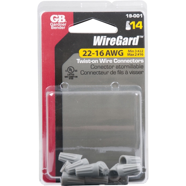 Gardner Bender WireGard GB-1 Series 19-001 Wire Connector, Gray, 22 to 16 AWG Wire, Steel Contact, 14/CD - 4