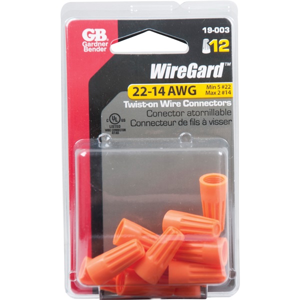 Gardner Bender WireGard GB-3 Series 19-003 Wire Connector, 22 to 14 AWG Wire, Steel Contact, Orange - 4