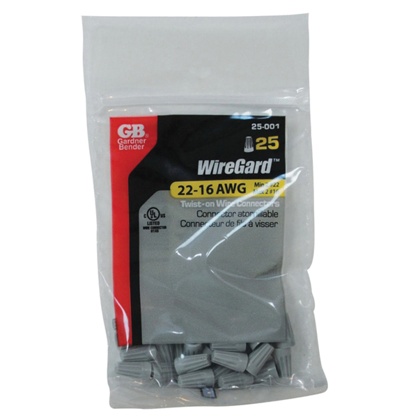 Gardner Bender WireGard GB-1 Series 25-001 Wire Connector, Gray, 22 to 16 AWG Wire, Steel Contact, 25/BAG - 4