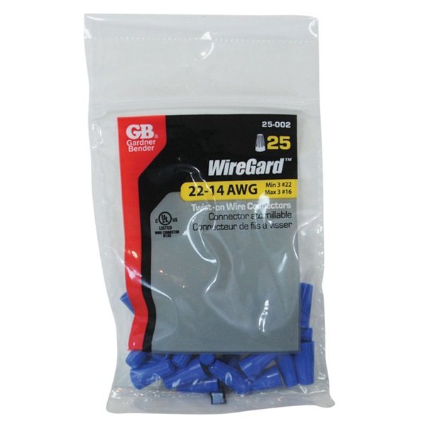 Gardner Bender WireGard GB-2 Series 25-002 Wire Connector, Blue, 22 to 16 AWG Wire, Steel Contact, 25/BAG - 4