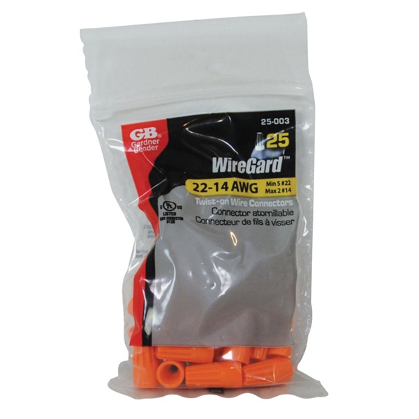 Gardner Bender WireGard GB-3 Series 25-003 Wire Connector, Orange, 22 to 14 AWG Wire, Steel Contact, 25/BAG - 4